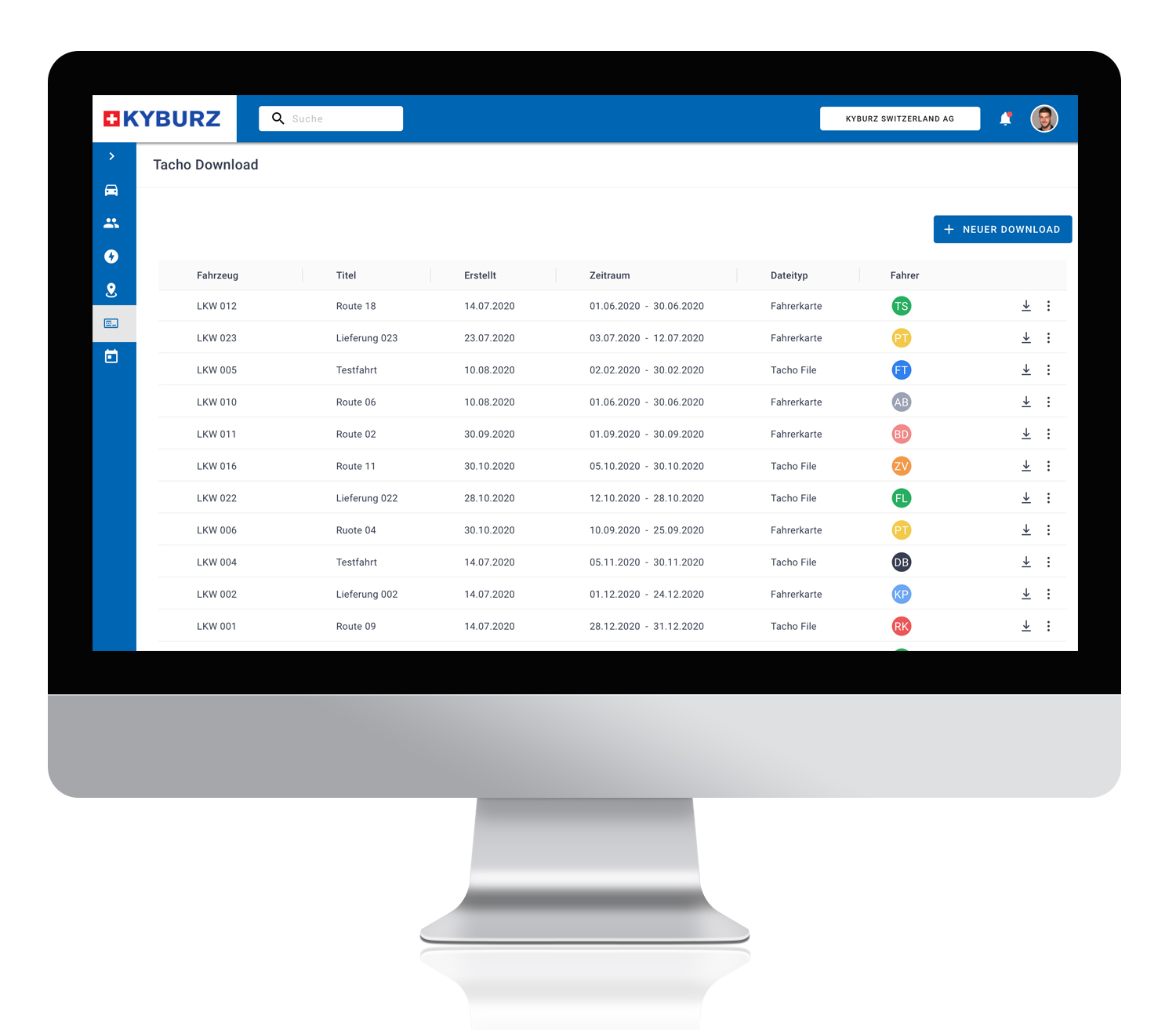 Fleet Management Tool unterseite Tachodownload auf einem iMac dargestellt