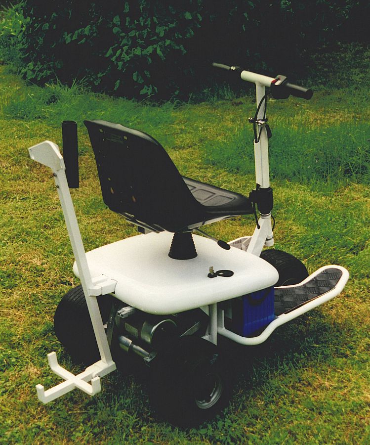 a three-wheeled golfmobile photographed obliquely from behind in a meadow.